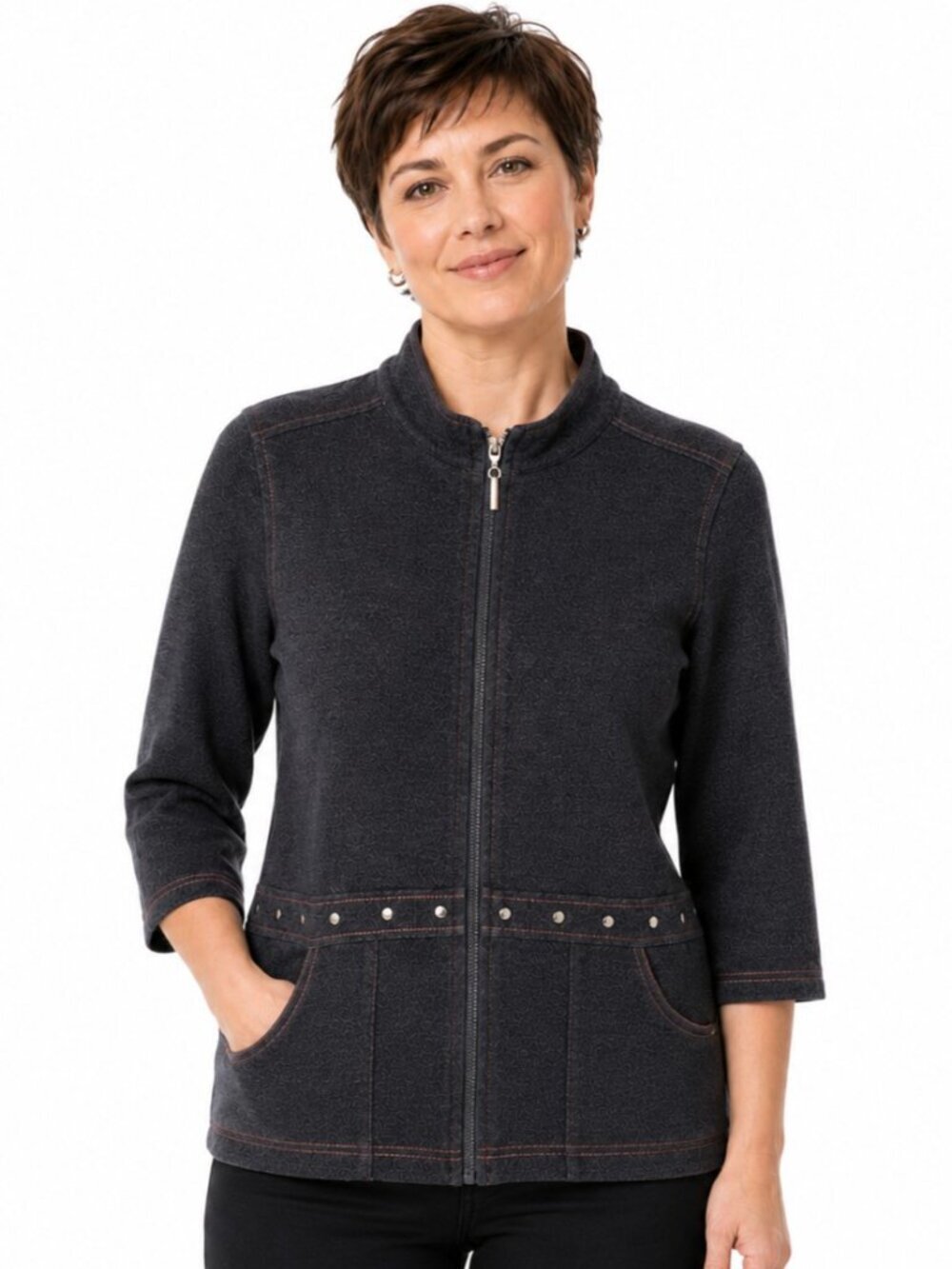 Café Au Lait Grey Orange Silver Stud Full Zip Cardigan - Picture 1 of 6
